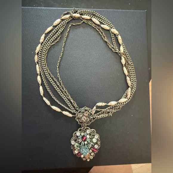 Multistrand Gold-Tone Statement Necklace with Gemstone Pendant - Picture 2 of 5